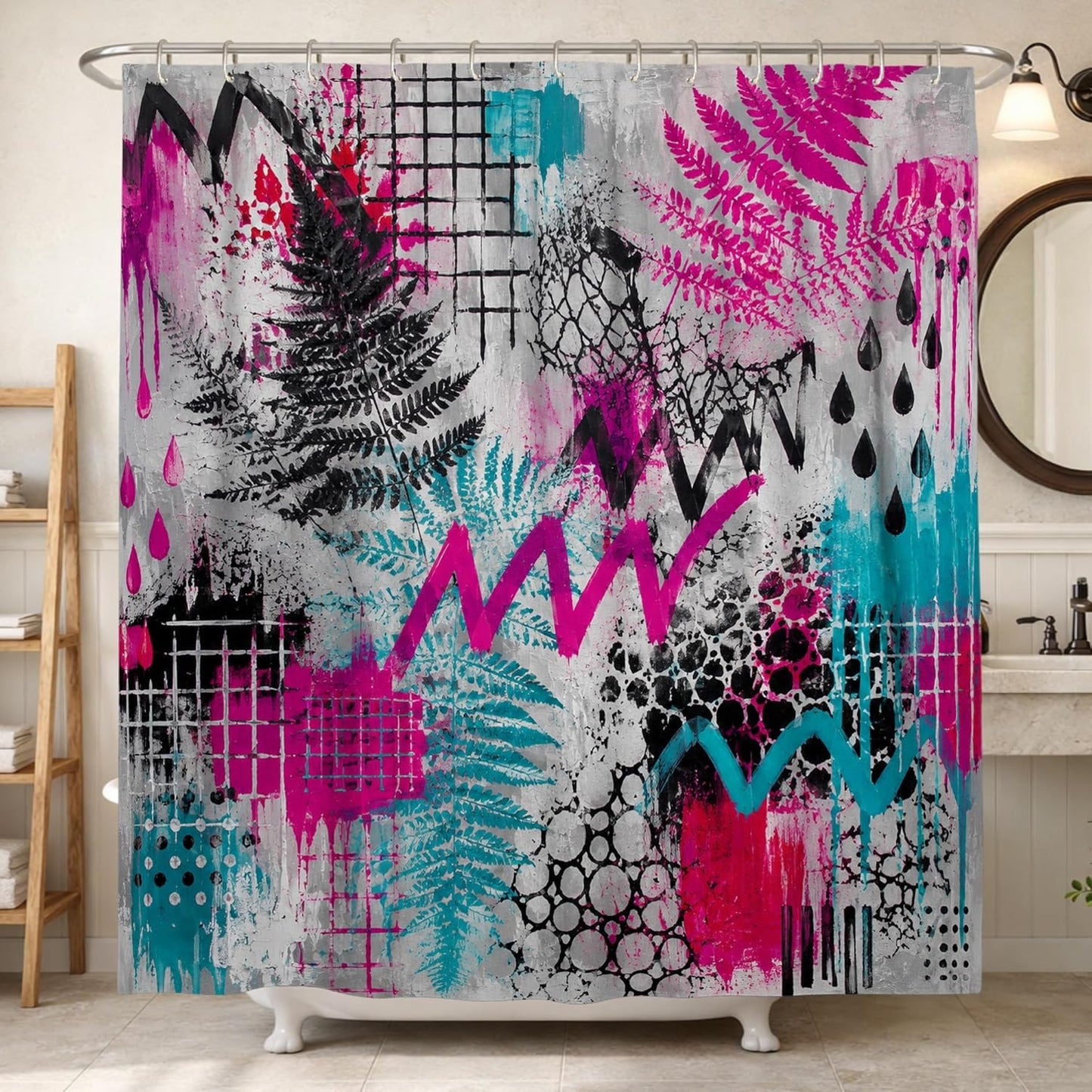 Fern Shower Curtain, Modern Abstract Zigzag Pattern Grid Summer Peach Polyester Waterproof Clawfoot Tub Shower Curtains for Bathroom Toile Guest Room Decor 72x78 Inch