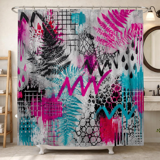 Fern Shower Curtain, Modern Abstract Zigzag Pattern Grid Summer Peach Polyester Waterproof Clawfoot Tub Shower Curtains for Bathroom Toile Guest Room Decor 72x78 Inch
