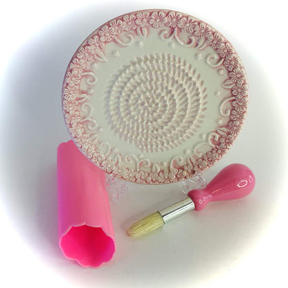 BonCera, All-in-one Premium Ceramic Garlic Grater Plate 4-Piece Set - Pink Embossed Design and Style - For Garlic, Ginger, Chocolate, and more! - Comes with 5.25" Plate, Peeler, Brush, and Stand