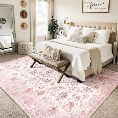 5x7 Area Rugs Washable,Pink Rug for Bedroom Living Room Kitchen Dining Room,Large Boho Vintage Bohemian Distressed Farmhouse Carpet Non Slip,Grey Blush Floral