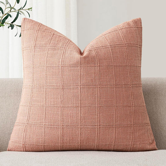 Foindtower Set of 1 Decorative Linen Check Throw Pillow Cover Neutral Farmhouse Vintage Cushion Cover Modern Boho Accent Home Decor for Sofa Chair Couch Bedroom Living Room,18×18 Inch,Coral Pink