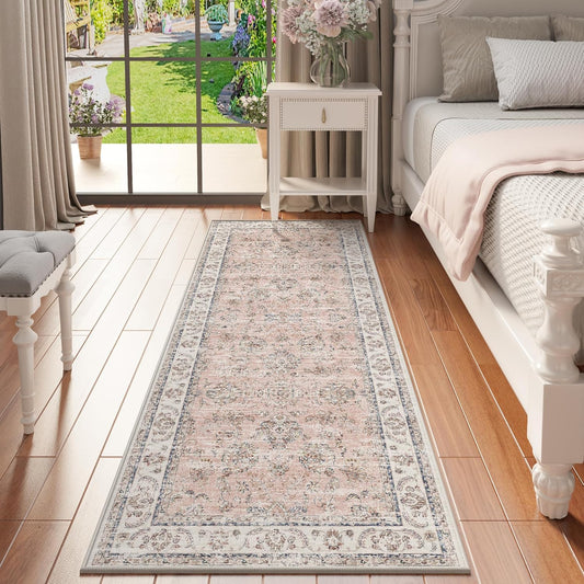 RYB HOME Non Slip Washable Runner Rug 2x6 ft, Anti-sratch Pet Friendly Boho Vintage Low Pile Floral Rug Carpet Runner for Kitchen Hallway, Pink