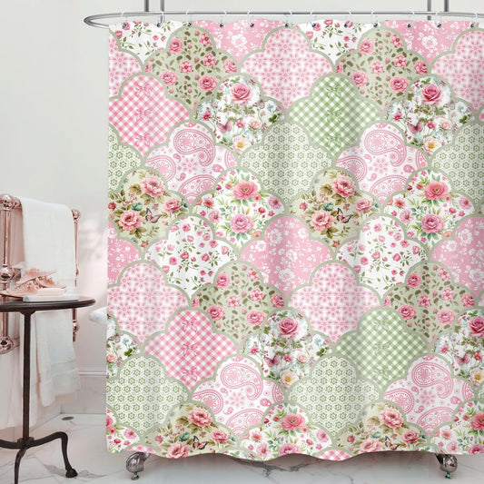 Boho Pink Floral Shower Curtain 60Wx72H Inches Bohemian Vintage Retro Cute Green Pink Checkered Patchwork Flowers Cloth Fabric Waterproof Polyester Bathroom Home Decor Set with Hooks