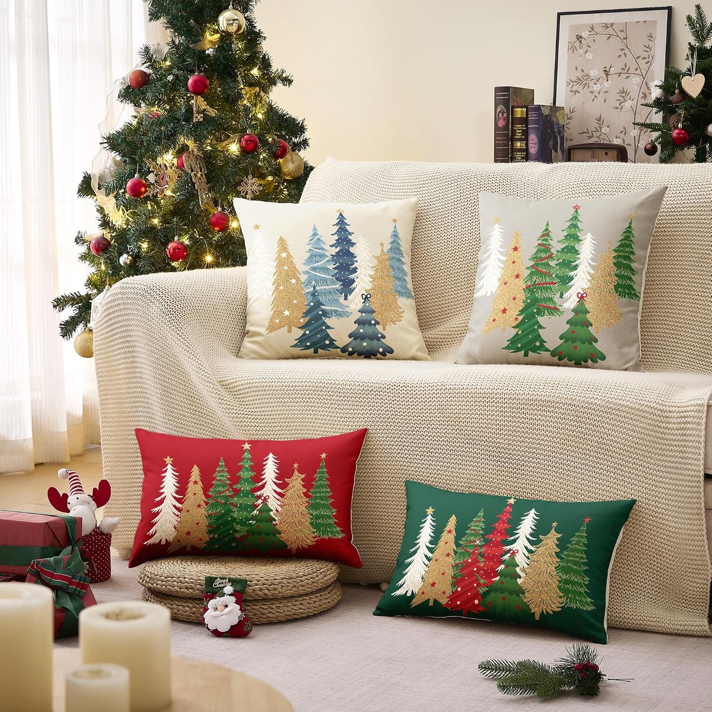 Christmas Pillow Covers 18x18 Inch Set of 2 Pink Aesthetic Decorative Christmas Tree Throw Pillows Linen Winter Holiday Decor for Home Sofa Couch Bed Chair