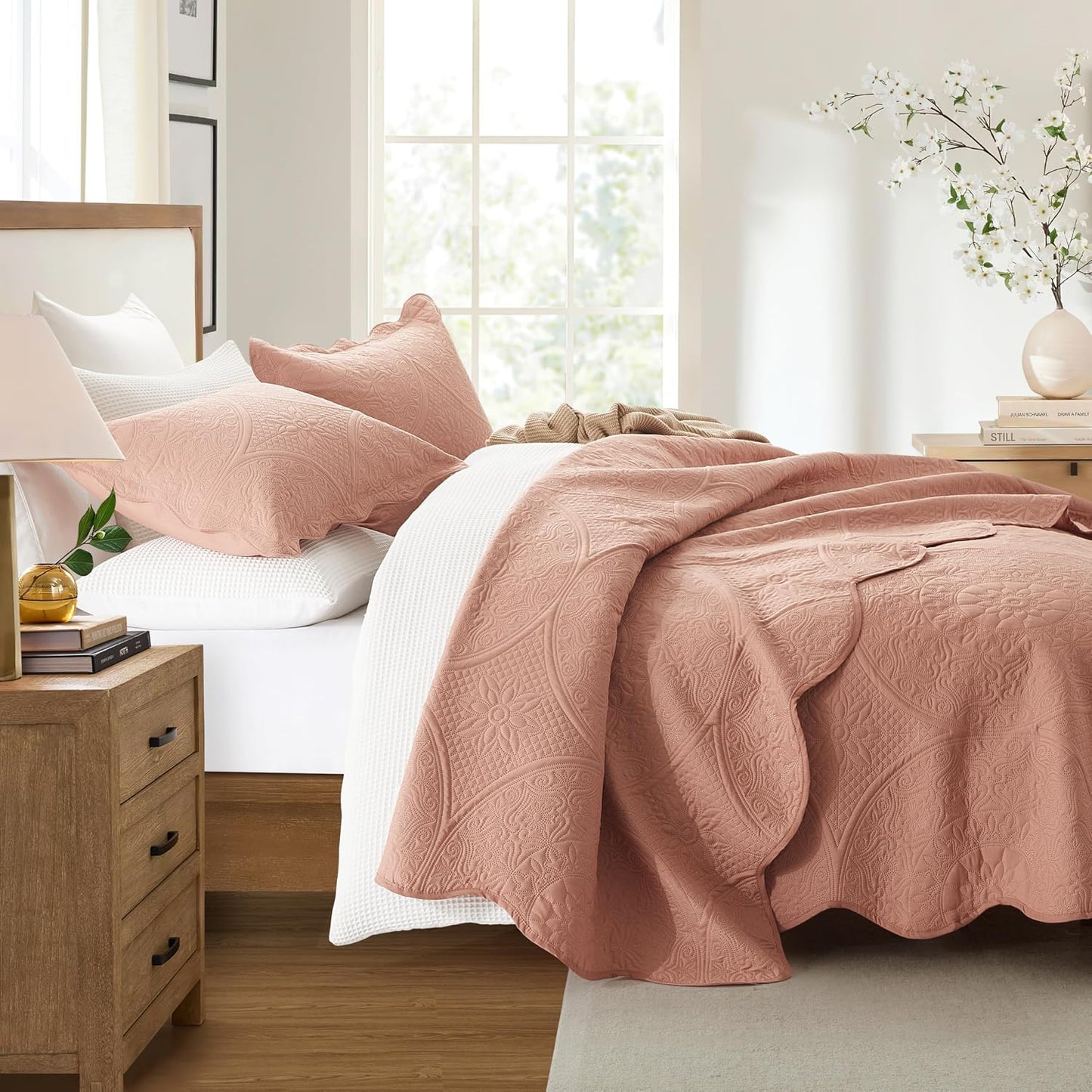 IR Imperial Rooms King Quilt Bedding Set Size (106" x 96") + 2 Pillow Shams (20" x 36"+ 2") - 3 Pcs All Season Lightweight Microfiber Coverlet Floral Embossed Quilt Bedspread (Baby Pink/Peach)