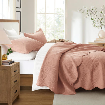 IR Imperial Rooms King Quilt Bedding Set Size (106" x 96") + 2 Pillow Shams (20" x 36"+ 2") - 3 Pcs All Season Lightweight Microfiber Coverlet Floral Embossed Quilt Bedspread (Baby Pink/Peach)