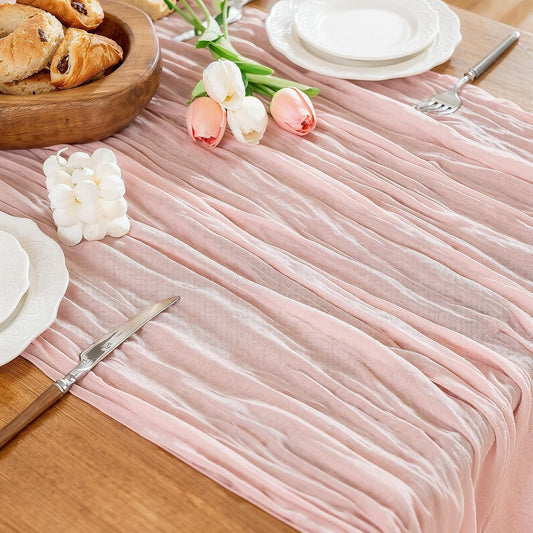 Cheesecloth Table Runner, 10 Ft Boho Rustic Gauze Table Runner Sheer Wrinkled for Centerpiece Decor, Dusty Pink, 1 Pcs