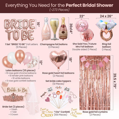 Rose Gold Bridal Shower Decorations, 273-Piece Pink Bachelorette Party Decorations with Bride to Be Banner, Confetti Balloons, Bride Sash, Veil, Fringe Curtain ,Cake Toppers & Photo Props