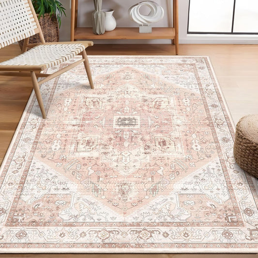 MUJOO Pink Rug 3'x5',Washable Rugs for Entryway Bedroom Living Room Kitchen,Boho Small Area Rug Non Slip Carpet Indoor,Vintage Soft Blush and White Floral Rug