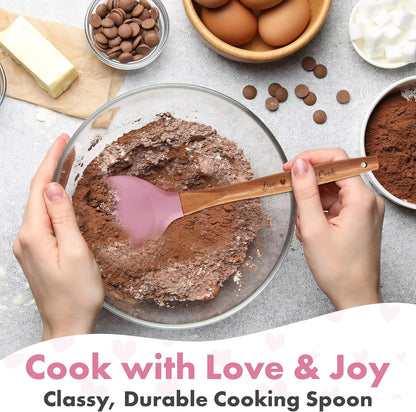 Gorgeous Heart shaped Bamboo Wooden Spoon with an engraved handle and heart shaped base hole for hanging The secret ingredient is Love The perfect addition to a kitchen (Pink Silicone)