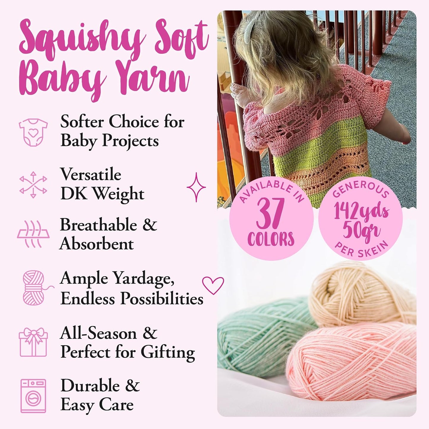 Cotton to The Core Cotton Yarn for Crocheting, 6-Pack (852 Yds / 300G), Free Patterns, Beginners Friendly - Soft Baby Yarn for Knitting - 3 DK Light Worsted Weight - Baby Pink