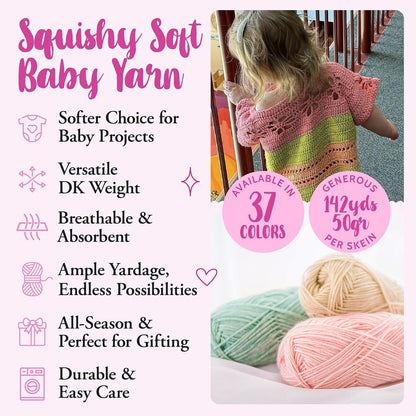 Cotton to The Core Cotton Yarn for Crocheting, 6-Pack (852 Yds / 300G), Free Patterns, Beginners Friendly - Soft Baby Yarn for Knitting - 3 DK Light Worsted Weight - Baby Pink