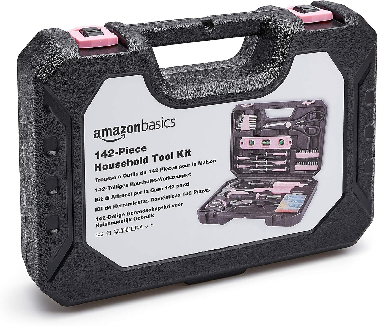 Amazon Basics 142-Piece Household Tool Kit for Home Repair, Hand Tools with Storage Case, 13.39 x 9.25 x 2.95 inch, Pink