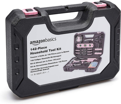 Amazon Basics 142-Piece Household Tool Kit for Home Repair, Hand Tools with Storage Case, 13.39 x 9.25 x 2.95 inch, Pink