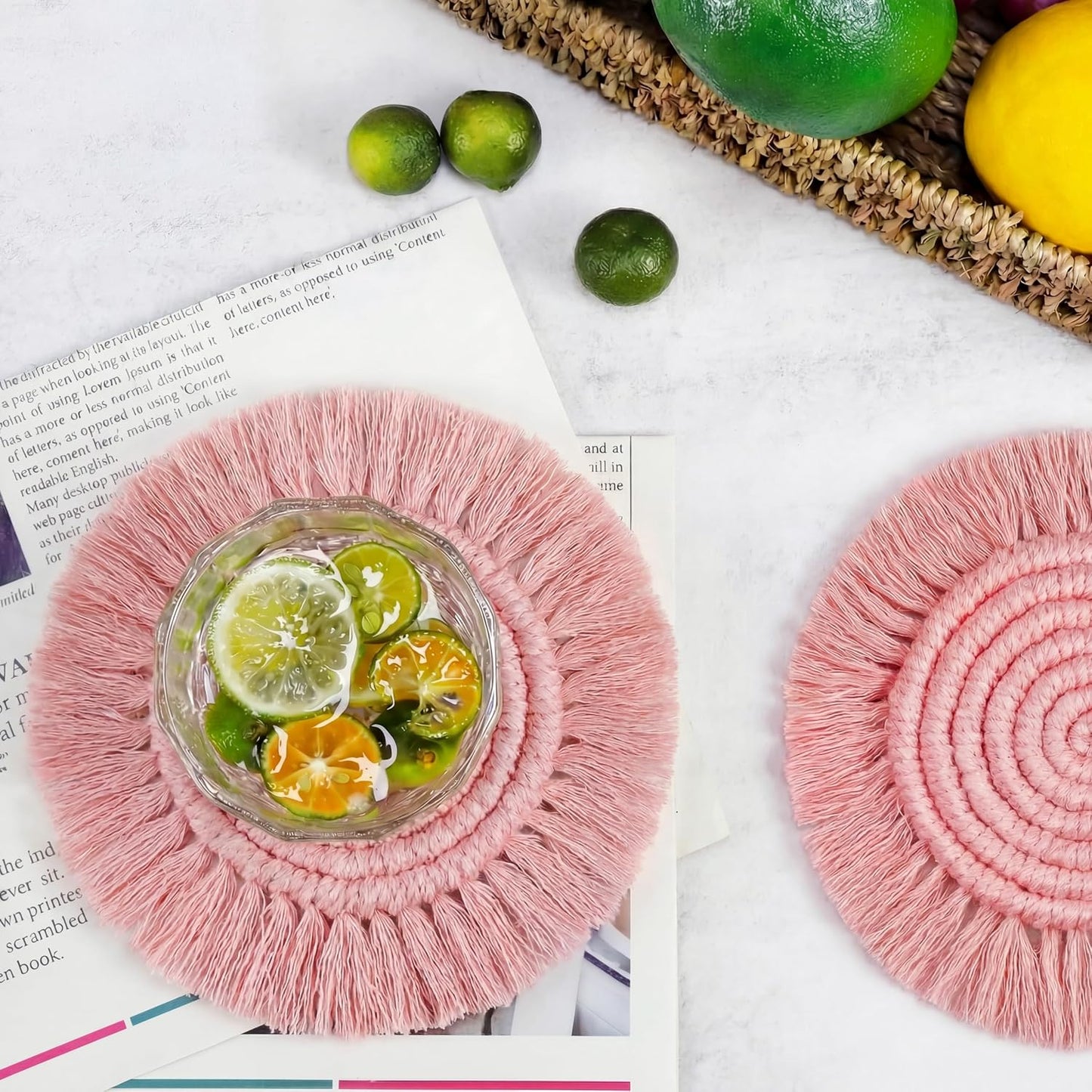 7.4in Boho Coasters Set of 2, Cute Drink Coasters Absorbent for Desk, Farmhouse Handmade Woven Macrame Coaster for Mugs Cups - Gifts for Women, Round Dusty Pink
