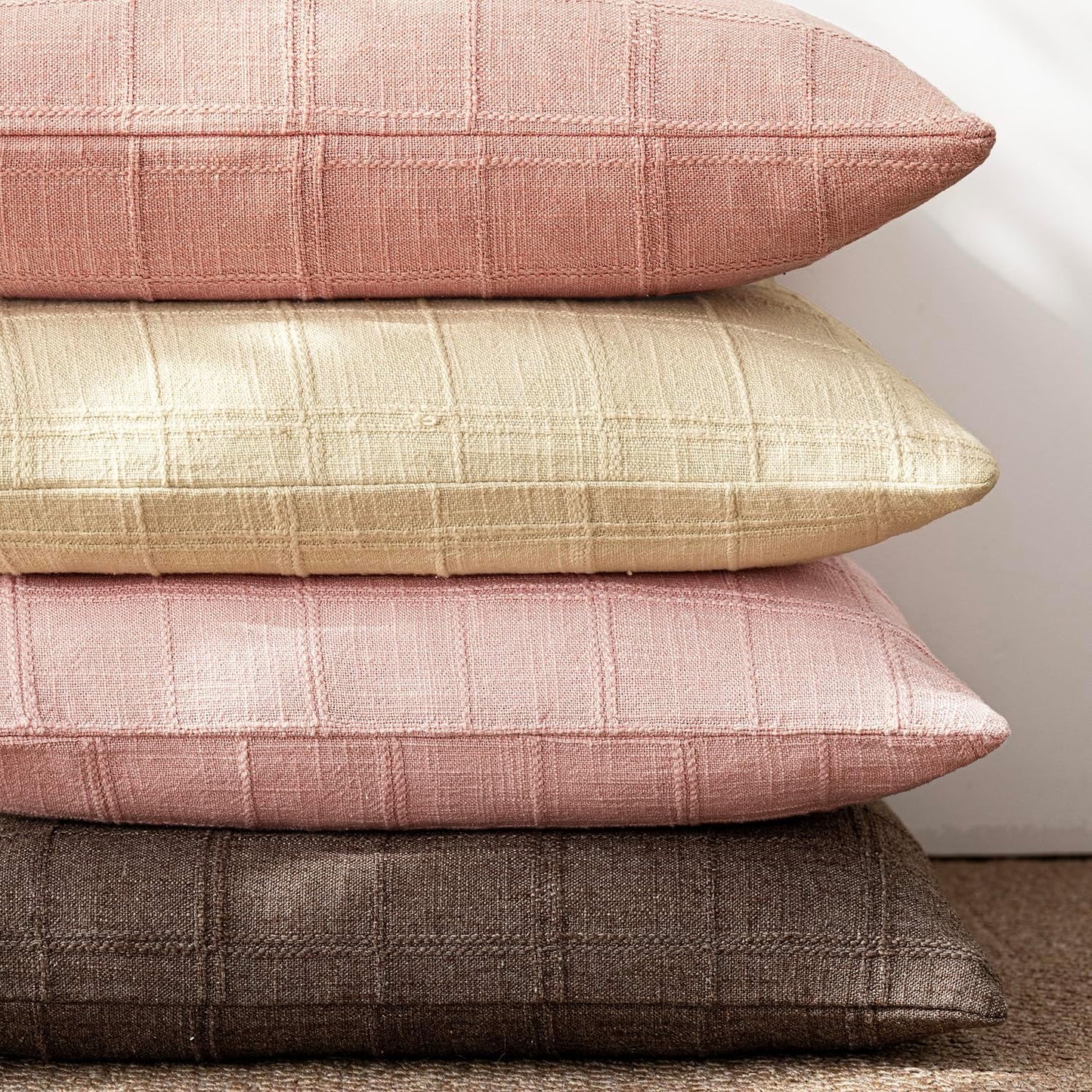 Foindtower Set of 1 Decorative Linen Check Throw Pillow Cover Neutral Farmhouse Lumbar Cushion Cover Modern Coastal Boho Accent Home Decor for Sofa Chair Couch Bed Living Room,12×20 Inch,Light Pink