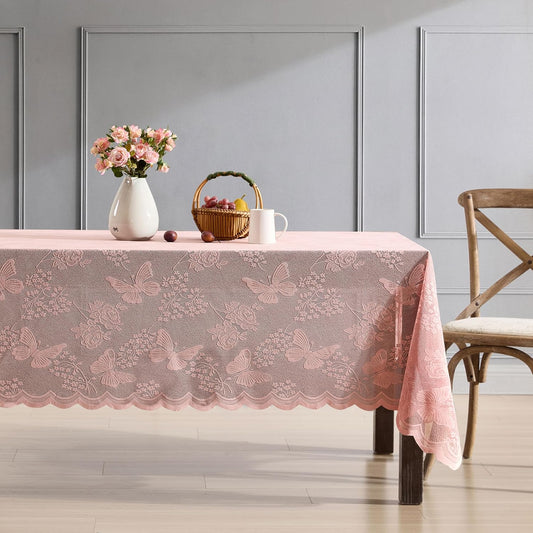 HLC.ME Butterfly Floral Lace Fabric Tablecloth, Lace Fabric Table Cloth for Rectangle Tables, Wrinkle Resistant Tablecloth, Patterned Scalloped Table Cover (54 W x 72 L, Blush Pink)