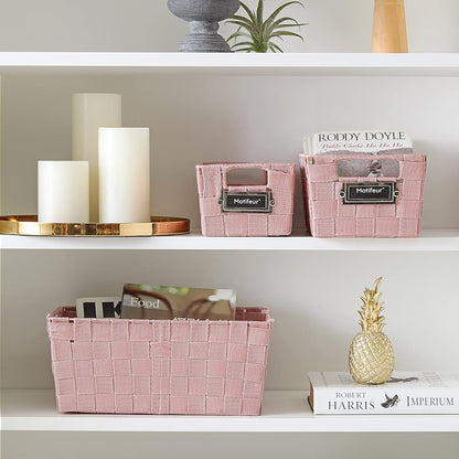 Decorative Woven Strap Set of 3 Nesting Baskets with Cutout Handles and Labels, Bathroom Countertop Storage Bins, Handmade Organization Containers for Home Shelves, Closets and Pantry (Pink)