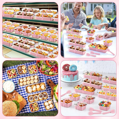 LemonRoad 240 Sets Mini Loaf Pan with Lids and Spoons 6.8oz Rectangular Aluminum Foil Bread Pan 5oz Square Cake Cup with Decal Disposable Baking Supply for Graduate Wedding Birthday (Pink)