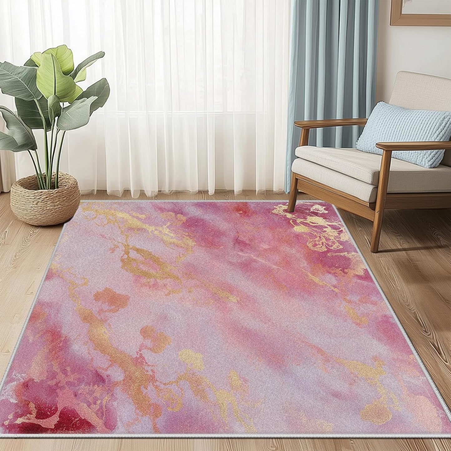 Peach Marble Rug 5'x7' Non Slip, Modern Aesthetic Area Rug for Bedroom, Minimalist Abstract Art Carpet Low Pile Soft Washable Rugs for Living Room Playroom Office Dorm Nursery