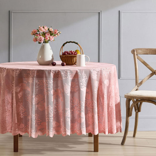 HLC.ME Butterfly Floral Lace Fabric Tablecloth, Lace Fabric Table Cloth for Round Tables, Wrinkle Resistant Tablecloth, Patterned Scalloped Tablecloth (36 Round, Blush Pink)