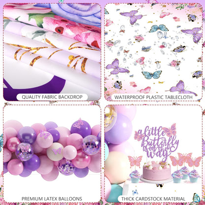 TREWAVE Butterfly Baby Shower Decorations for Girls A Little Butterfly Is On The Way Party Backdrop Cake Toppers Stickers Pink Purple Balloons Boxes for Girl Birthday Baby Shower Decor