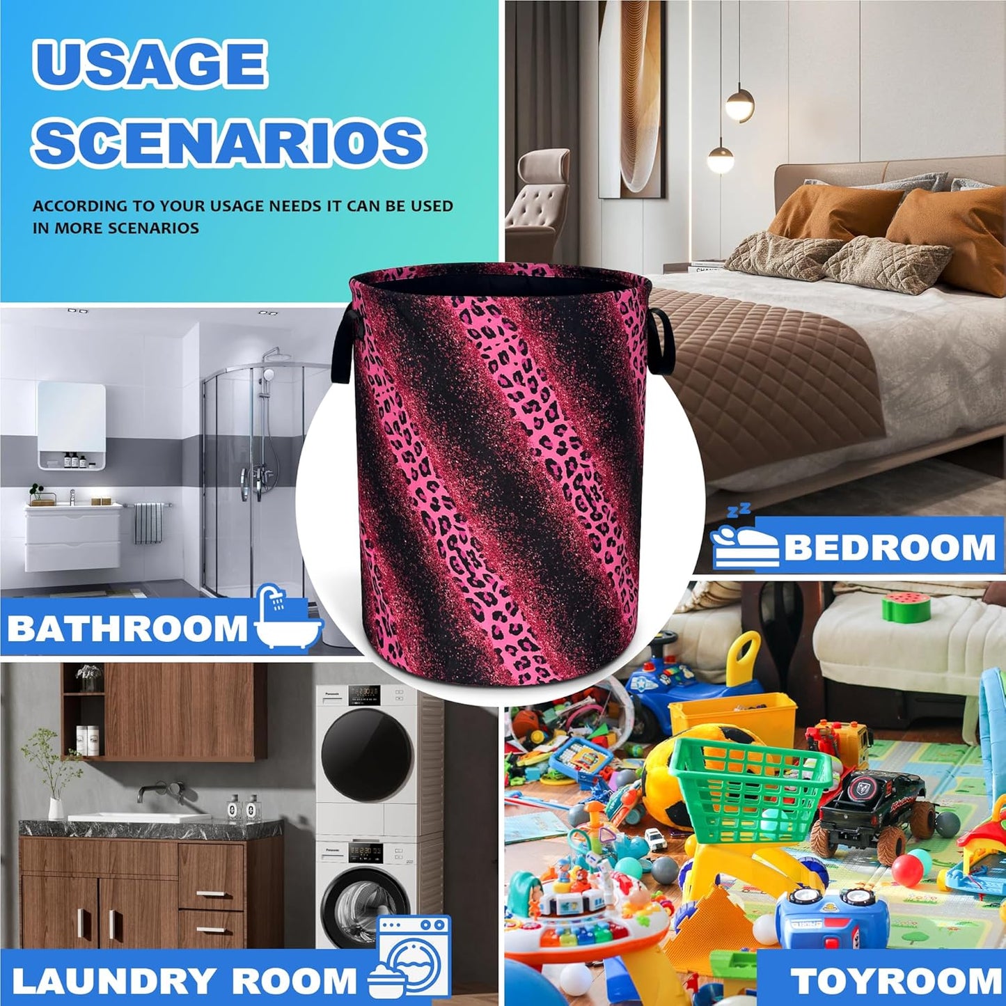 Pink Leopard Print Laundry Basket Cheetah Oxford Cloth Laundry Hamper With Handle Foldable Portable Clothes Storage Basket 18.9 X 16.5 Inch Storage Bag For Laundry Room/Bathroom/Bedroom/Dormitories