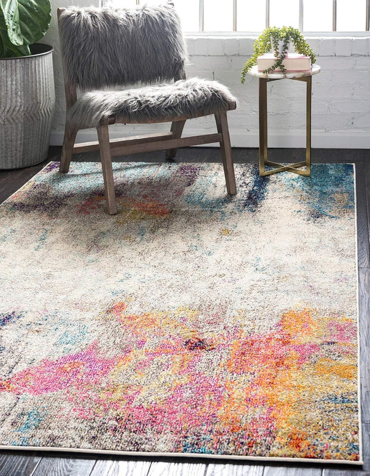 Unique Loom Chromatic Collection Modern Colorful & Vibrant Abstract Area Rug For Any Home Décor (5' 0 x 8' 0 Rectangular, Beige/ Pink)