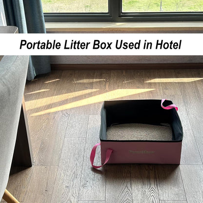 Portable Cat Litter Box, Firm Waterproof Foldable for Travelling for Cats, Including Crinkle Ball, Poop Bags, Foldable Bowl and Scoop, 16.5x16.5x6.3 inches (Pink)