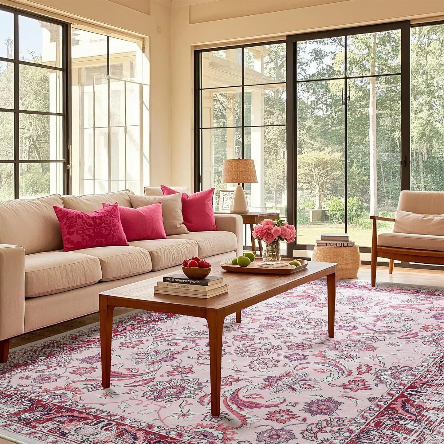 Area Rugs for Living Room, Washable 5x7 Area Rug for Bedroom, Floral Non-Slip Carpet for Nursery Home Office Dorm Dining Room Kitchen, Pink and White