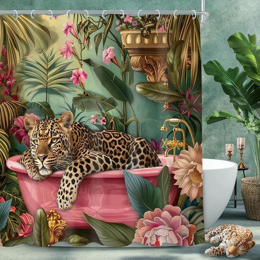 Leopard 72Wx72H Shower Curtain Hot Pink Cheetah Wildlife in Bathtub Vintage Jungle Animal Tropical Boho Peony Bathroom Curtain Set Modern Retro Leaves Plant Bath Bathroom Accessories Decor
