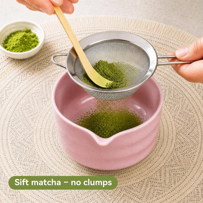 Matcha Whisk Set with Elegant Pink Ceramic Bowl - Complete Matcha Making Kit, Bamboo Whisk (Chasen), Holder, Matcha Sifter, Scoop, Traditional Tea Ceremony Tools