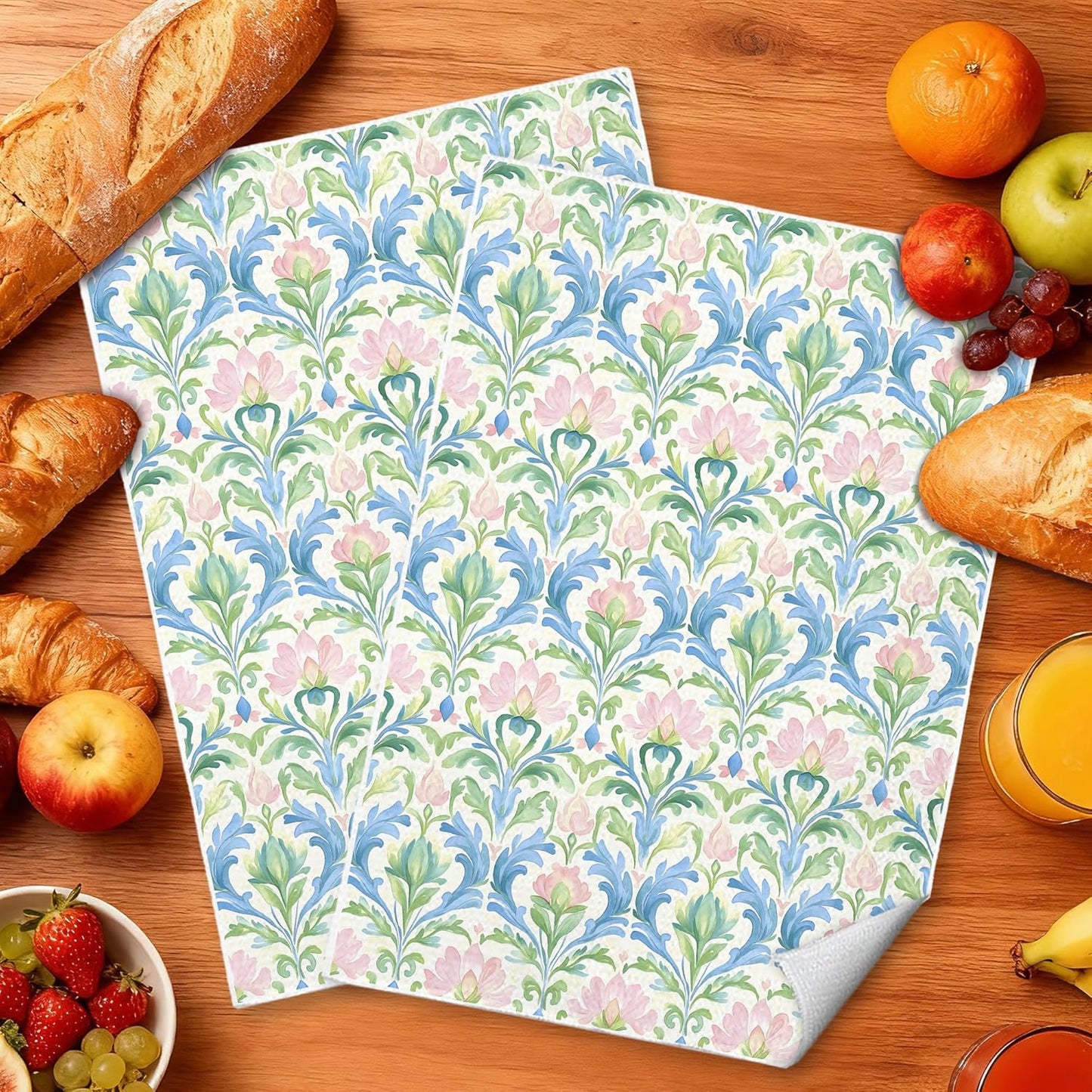 Pink and Green Blue Grandmillennial Floral Kitchen Towels, Pastel Grand Millenial Flower Decorative Dish Tea Hand Towels for Kitchen Bathroom, 16x24 Inches Set of 2