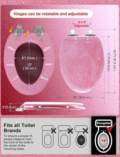 Angol Shiold ELONGATED Pink Toilet Seat Resin Glitter, Slow Close Heavy Duty Acrylic Toilet Seats for Standard Toilets, Easy Installation & Cleaning(19Inch, Pink Glitter, Upgraded hinges)