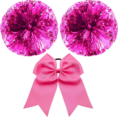 ZYBenda 3 Pack Pom Poms and Large Cheerleader Hair Bow, Cheer Pom Poms Cheerleading Pom Poms for Kids Adults Dance Sports Cheering Accessories (Pink)