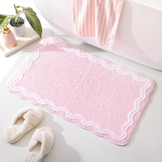 TRUEDAYS Pink Scalloped Bath Mat - Soft Microfiber Bathroom Rug, Non-Slip Cute Mat for Tub & Shower, Aesthetic Decor for Modern Bathrooms,32x20 Inches