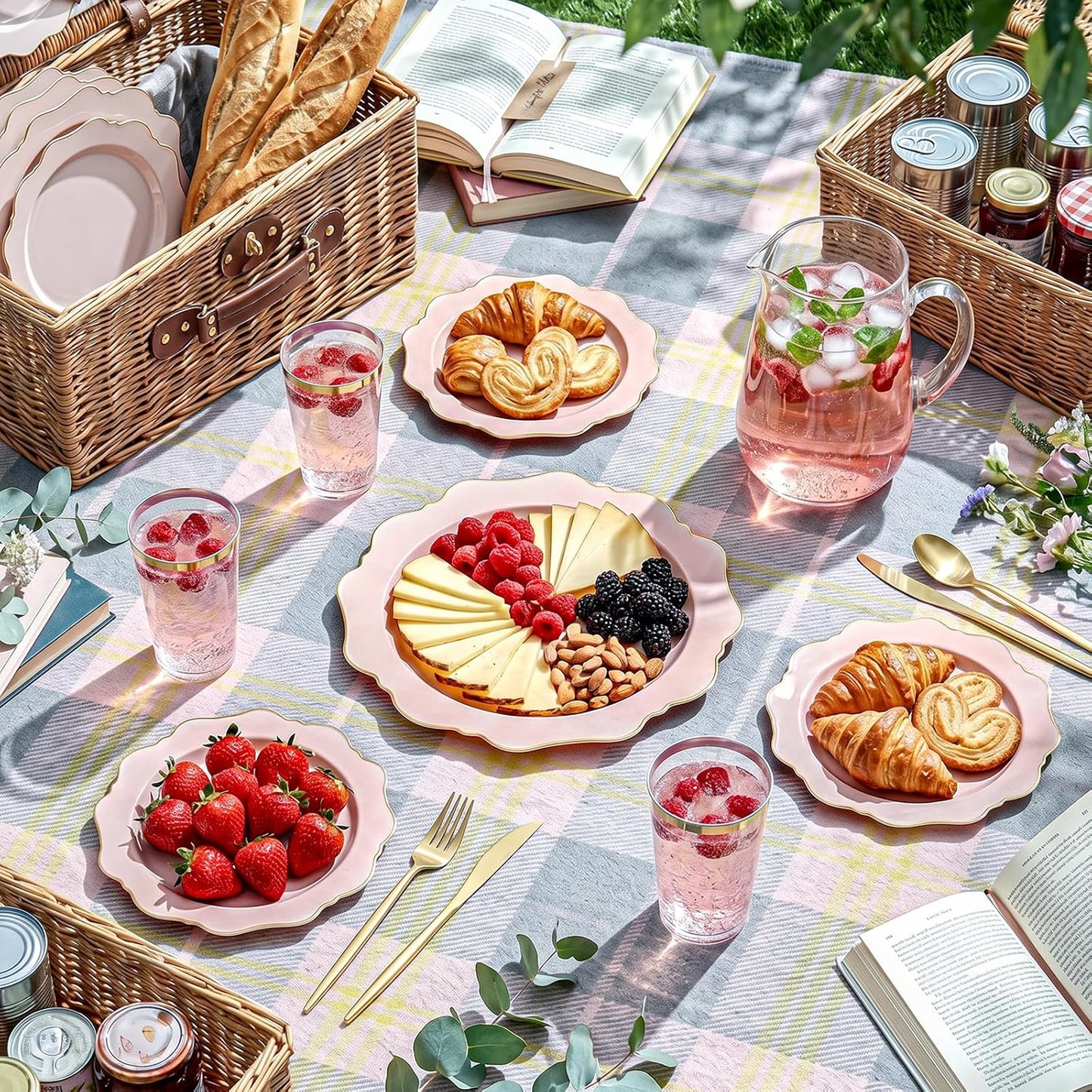 WDF 175Pcs Pink Plastic Plates - Pink and Gold Plates Disposable 25guest Plastic Dinnerware Ideal for Bridal Shower/Wedding/Baby Shower/Spring Party