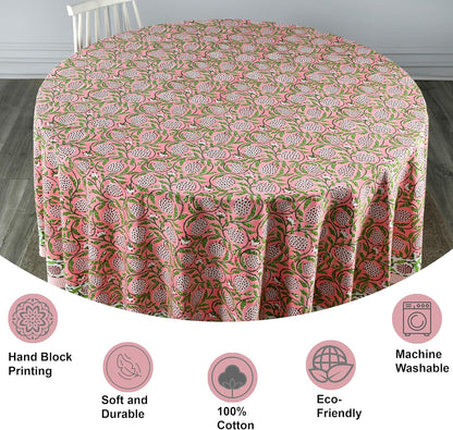 Ridhi Round Tablecloth Hand Block Print 100% Cotton Reusable Strawberry Pink 90 Inch Table Cover Decorative Everyday Use for Dining, Home, Farmhouse Gift for Spring, Mother's Day