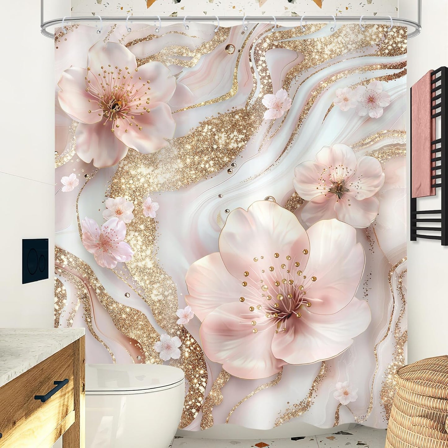 Omifly Pink and White Marble Shower Curtain 60Wx72L Inch Modern Cherry Blossom Abstract Floral Flower Minimalist Gold Ink Texture Luxury with 12 Plastic Hooks Fabric Waterproof Toilet Accessories