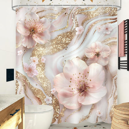 Omifly Pink and White Marble Shower Curtain 60Wx72L Inch Modern Cherry Blossom Abstract Floral Flower Minimalist Gold Ink Texture Luxury with 12 Plastic Hooks Fabric Waterproof Toilet Accessories