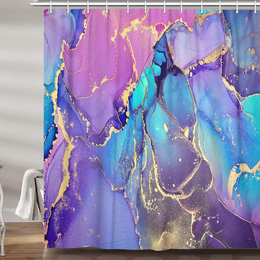 Purple Marble Shower Curtain, Blue Abstract Ombre Bright Colorful Modern Fabric Shower Curtains Set for Bathroom Decorative, Pink and Gold Restroom Decor Accessories with Hooks 72X72 Inch