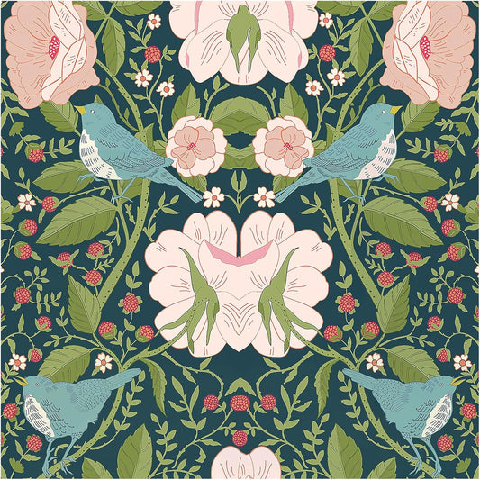 HAOKHOME Floral Peel and Stick Wallpaper Floral Bird Strawberry Green/Pink/Blue Removable Paper for Bathroom Bedroom Decor 17.3in x 9.8ft