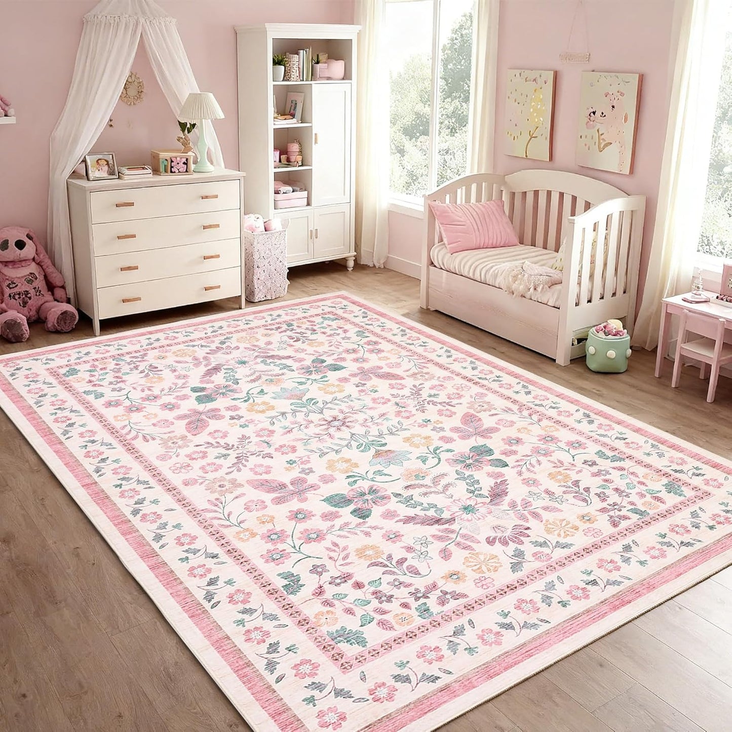 GarveeHome 10x14 Area Rugs for Living Room Machine Washable Floral Rugs Soft Stain Resistant Non-Slip Backing Low Pile Floor Carpet for Bedroom Girls Room Farmhouse Pink