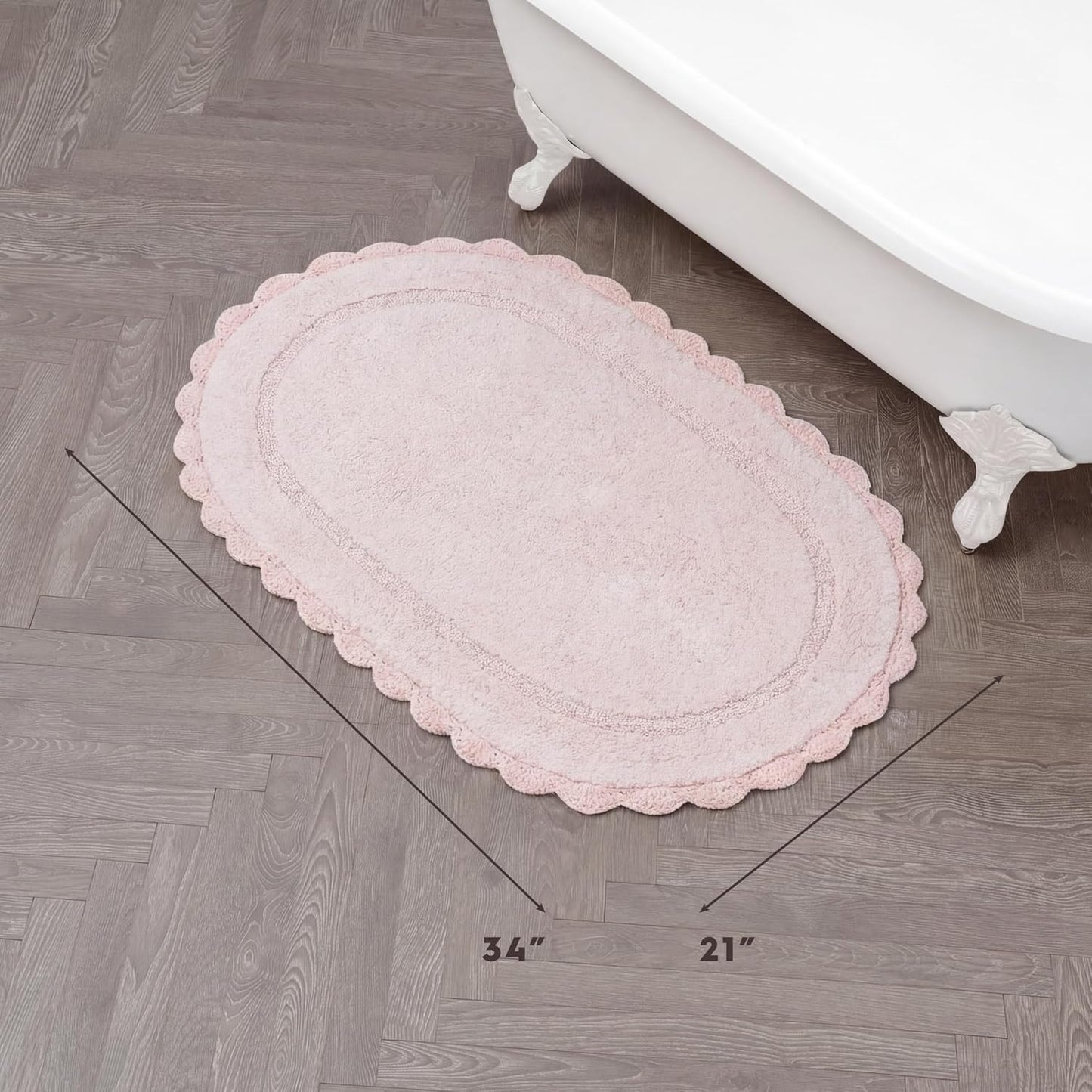 Laura Ashley Eloise 100% Cotton Oval Bath Mat with Crochet Border, Soft & Absorbent, Light Pink 21" x 34" Bathroom Rug