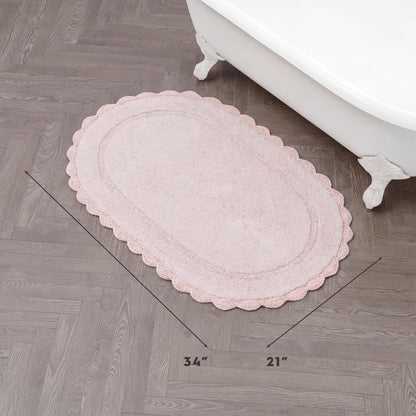 Laura Ashley Eloise 100% Cotton Oval Bath Mat with Crochet Border, Soft & Absorbent, Light Pink 21" x 34" Bathroom Rug