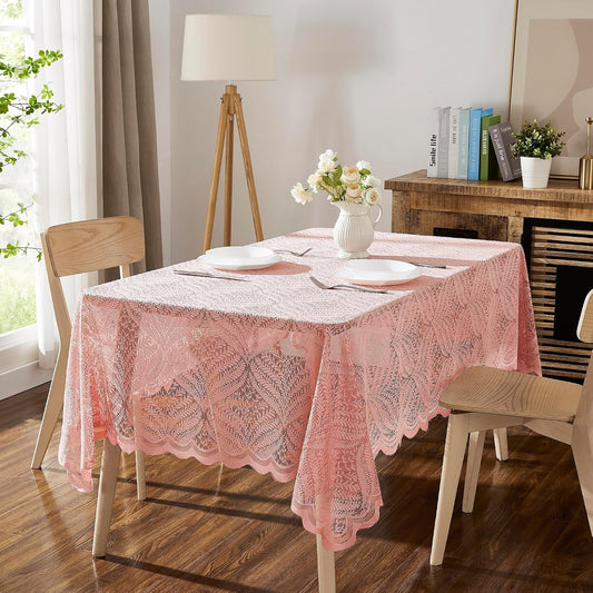 LinenZone 60 x 84 Blush Lace Rectangle Tablecloth. (Amelia 60 x 84, Blush) | Luxury Lace Leaf Tablecloth with Floral Design for Country, Vintage & Farmhouse Table Decor or Rustic Kitchen Decor.
