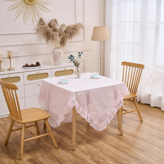 Pink Floral Embroidered Lace Square Tablecloth 55”x55” Vintage Table Cover (Pink, 55”x55”, Square)