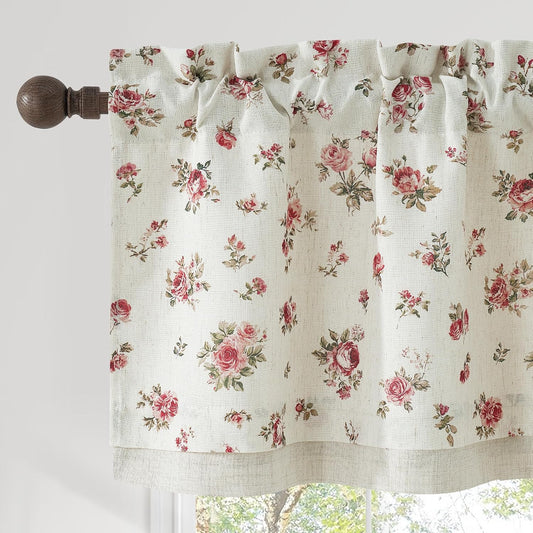 NICETOWN Vintage Pink Rose Floral Valance for Windows, Double-Layer Linen Valance with Shabby Chic Floral Pattern, Decorative Window Topper for Kitchen, Romantic Country Style, W52 x L18 in, 1 Panel