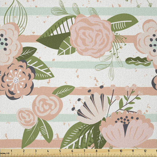 Lunarable Spring Fabric by The Yard, Pastel Colored Horizontal Stripe Background with Burgeoning Flowers, Microfiber Fabric for Arts and Crafts Textiles & Decor, 1 Yard, Peach Pale Green Fern Green