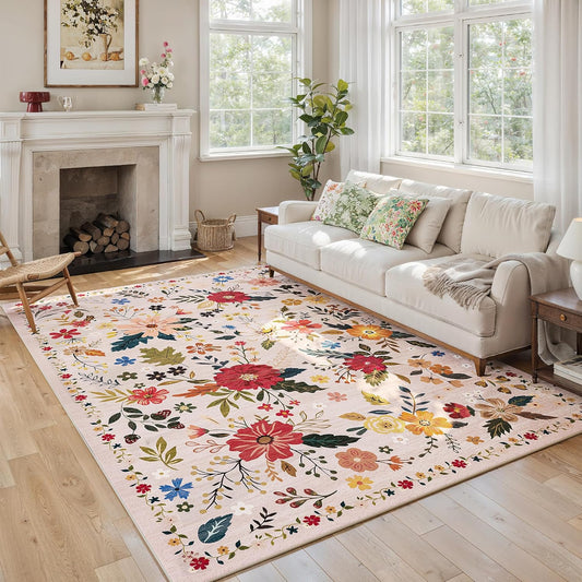 5x7 Washable Rug for Living Room, Pink Floral Area Rug, Non Slip Low Pile Soft Flower Carpet, Large Rugs for Bedroom, Dining Room, Office, Kids Playroom, Nursery, Pink/Beige